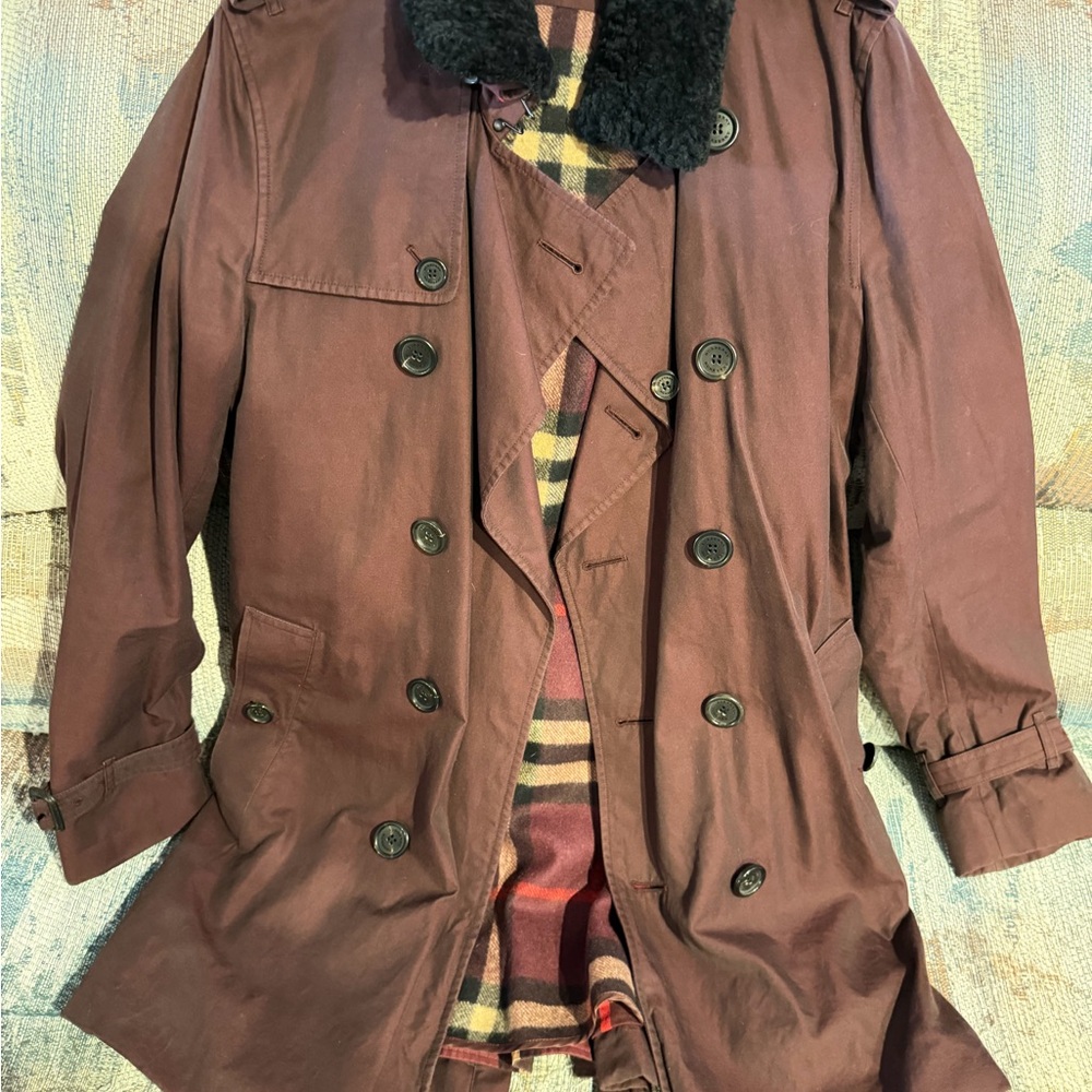 Burberry Brown Double-Breasted Trench Coat with Black Shearling Collar
